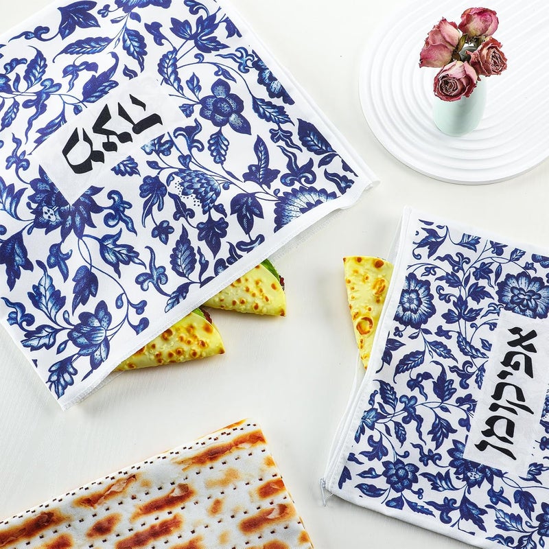 Mindsoft 2 Pcs Passover Afikoman Bags set Passover Seder Afikomen Holder Rustic Matzah Afikoman Cover Bags with 3 Layers Compartment for Pesach Jewish Holiday Party Decor Gifts (Porcelain) - Image 3